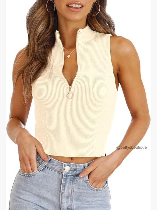 Tops - Zipper Knit Crop Tank Top Sleeveless Going Out Y2K Summer Top